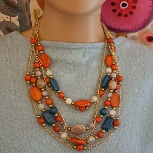 Vibrant Orange Turquoise Blue Multicolored Beaded Necklace with Gold Accents